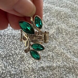 Silver Emerald Green Rhinestone Leaf Stretch Ring Botanical Statement